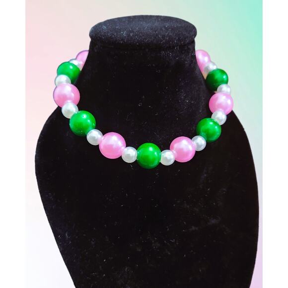 AKA Alpha Kappa Alpha Jewelry Set Pink and Green Necklace, Earrings, Bracelet - Picture 4 of 6